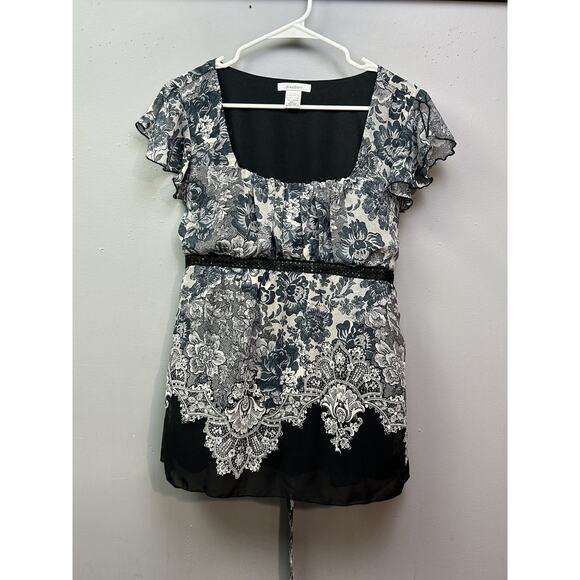 dressbarn Tops - Dressbarn Top Womens Large Black White Floral Print Sheer Tunic Blouse Lace Y2K